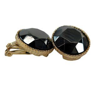 Vintage Cabochon Black Faceted Resin? Round Earrings Gold Tone Clip On